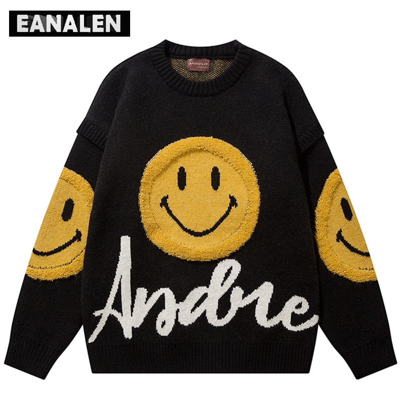 Harajuku Vintage Letter Smiley Knitted Sweater Men&s Animation Oversized Jumper Pullover Thick Sweater Grandpa Ugly 